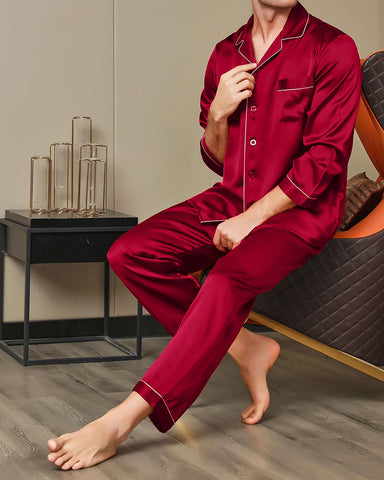 Men's 100% Luxurious Silk Lapel Pajamas 2Pcs