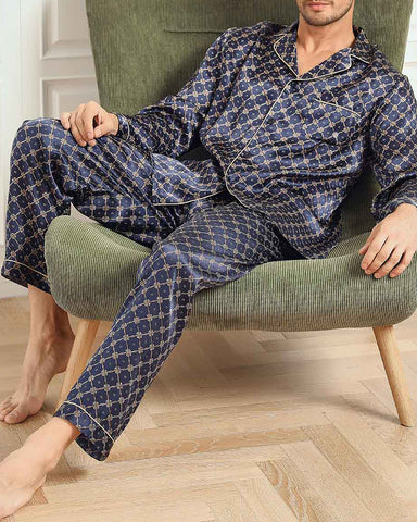 Men‘s Pure Silk Printed Lapel Pajamas 2Pcs