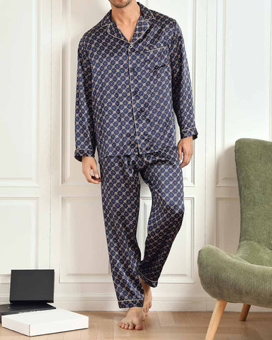 Men‘s Pure Silk Printed Lapel Pajamas 2Pcs