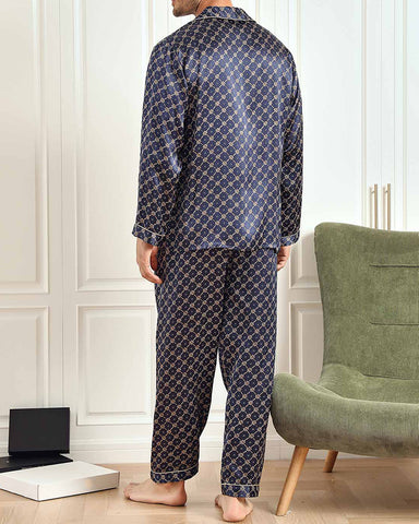 Men‘s Pure Silk Printed Lapel Pajamas 2Pcs