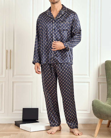 Men‘s Pure Silk Printed Lapel Pajamas 2Pcs