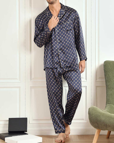 Men‘s Pure Silk Printed Lapel Pajamas 2Pcs