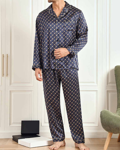 Men‘s Pure Silk Printed Lapel Pajamas 2Pcs