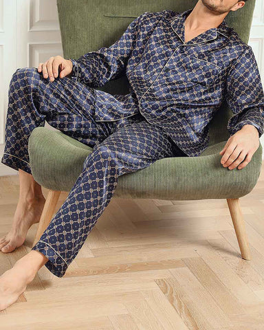 Men‘s Pure Silk Printed Lapel Pajamas 2Pcs