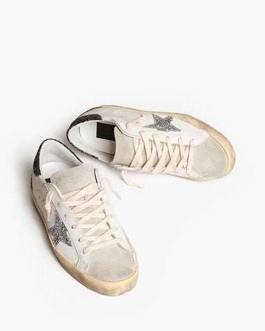 White Leather Sneakers with Silver Star and Brown Glitter Heel Tab