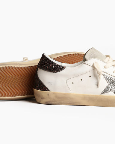 White Leather Sneakers with Silver Star and Brown Glitter Heel Tab