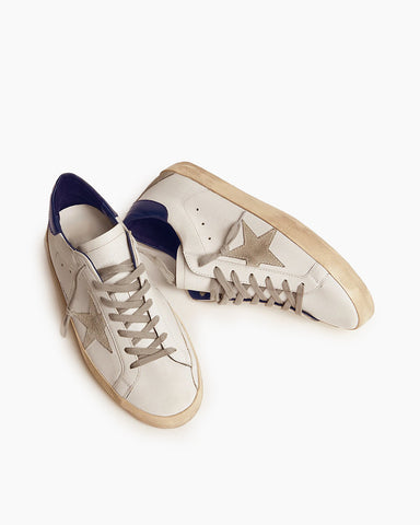 White Leather Sneakers with Suede Star and Blue Heel Tab