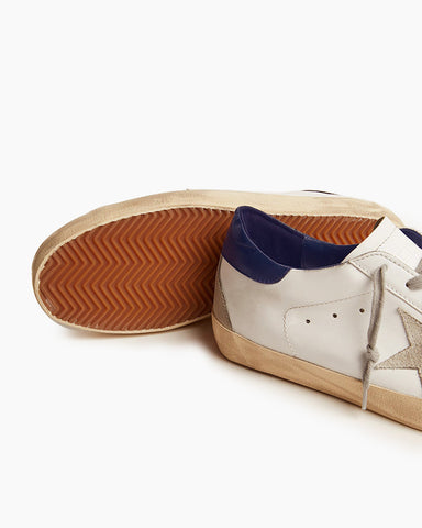 White Leather Sneakers with Suede Star and Blue Heel Tab