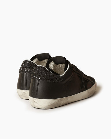 Black Nappa Sneakers with Black Star and Glitter Heel Tab