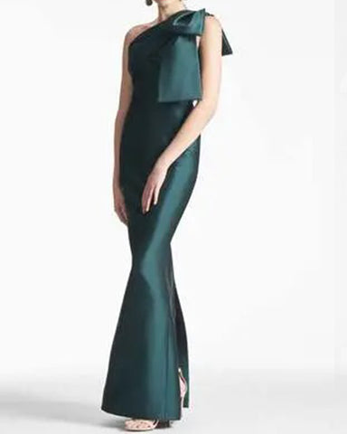 Bow One-Shoulder Gown Satin Trumpet Dress