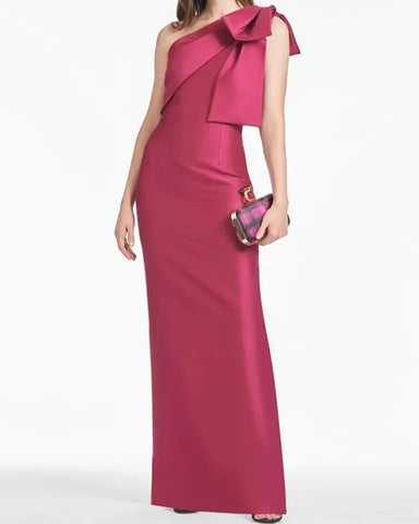 Bow One-Shoulder Gown Satin Trumpet Dress