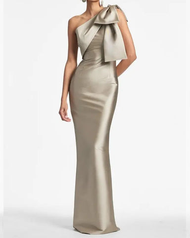 Bow One-Shoulder Gown Satin Trumpet Dress