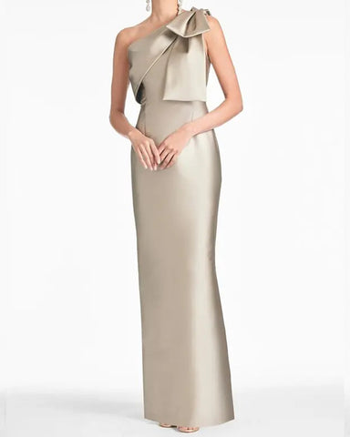 Bow One-Shoulder Gown Satin Trumpet Dress