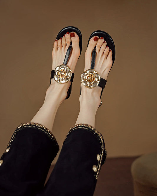 Leather-Camellia-Flower-Clip-Toe-Sandals