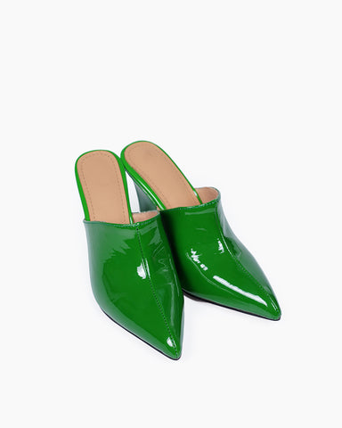 Patent Leather Wedge Low Heel Slip On Mules