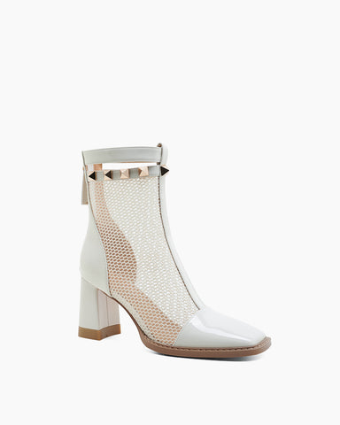 Solid Color Hollow Mesh Thick Heel Short Boots