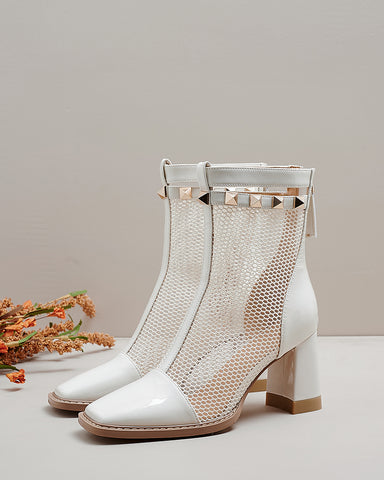 Solid Color Hollow Mesh Thick Heel Short Boots