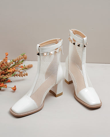 Solid Color Hollow Mesh Thick Heel Short Boots