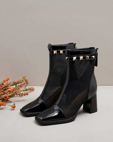 Solid Color Hollow Mesh Thick Heel Short Boots