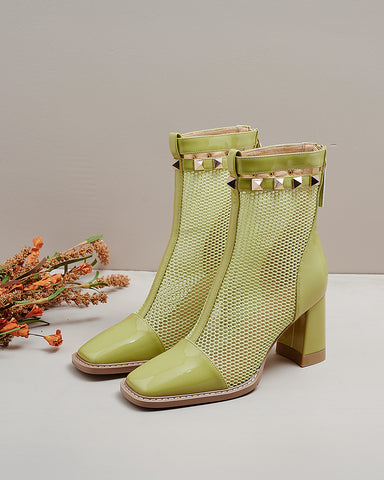 Solid Color Hollow Mesh Thick Heel Short Boots