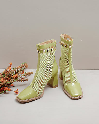 Solid Color Hollow Mesh Thick Heel Short Boots