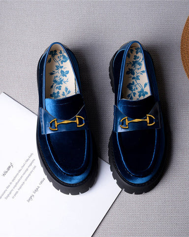 Alina Bee Embroidery Velvet Platform Leather Loafers