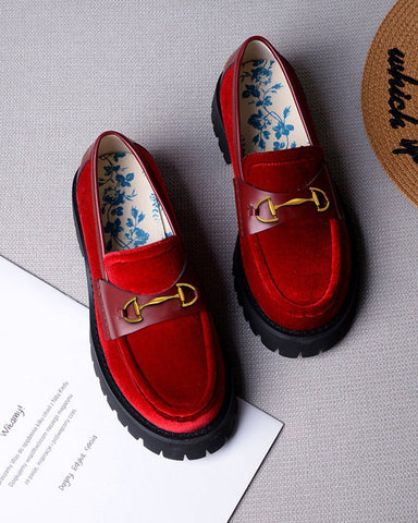 Alina Bee Embroidery Velvet Platform Leather Loafers