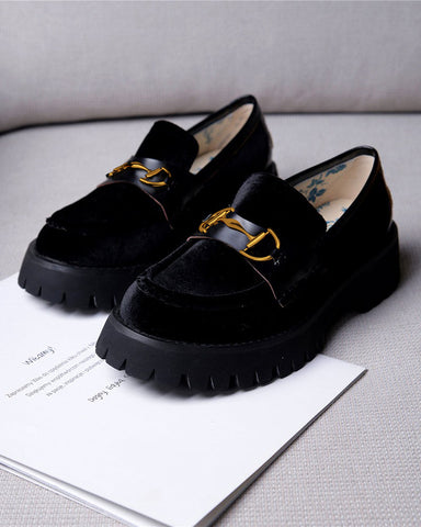 Alina Bee Embroidery Velvet Platform Leather Loafers