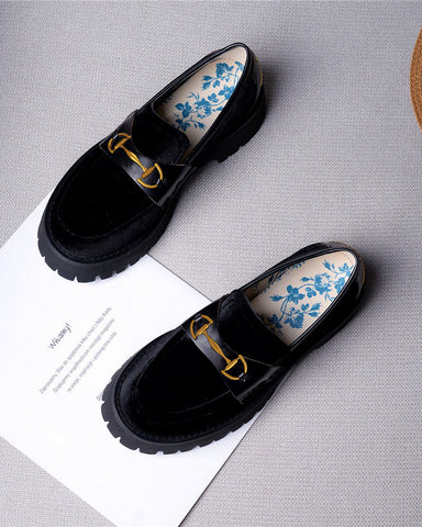 Alina Bee Embroidery Velvet Platform Leather Loafers