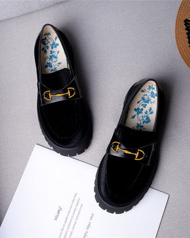 Alina Bee Embroidery Velvet Platform Leather Loafers