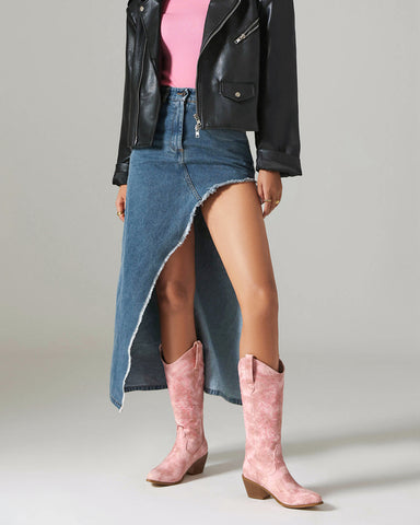 Gradient Pink Embroidered Mid Calf Western Boots