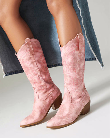 Gradient Pink Embroidered Mid Calf Western Boots