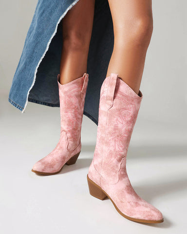 Gradient Pink Embroidered Mid Calf Western Boots