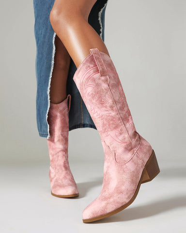 Gradient Pink Embroidered Mid Calf Western Boots