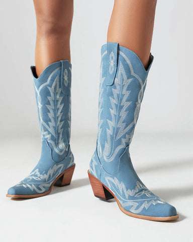 Wide Calf Embroidered Western Chunky Heel Boots