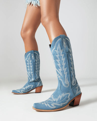 Wide Calf Embroidered Western Chunky Heel Boots