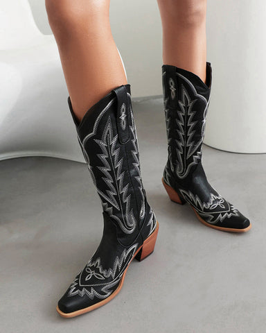 Wide Calf Embroidered Western Chunky Heel Boots