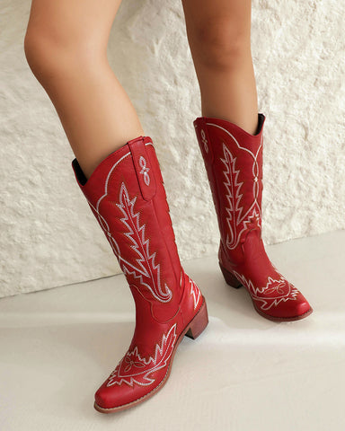 Denim Embroidered Pattern Western Boots