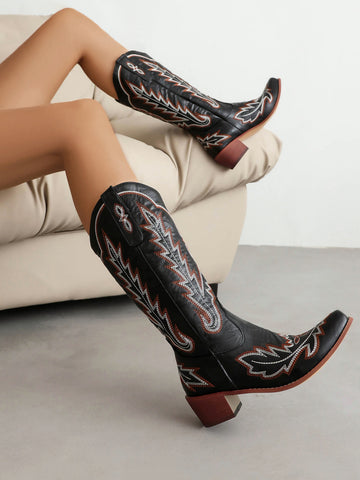 Denim Embroidered Pattern Western Boots