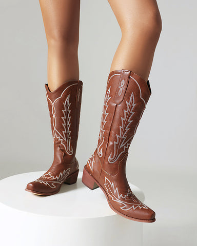 Denim Embroidered Pattern Western Boots