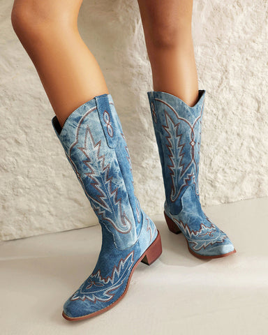 Denim Embroidered Pattern Western Boots