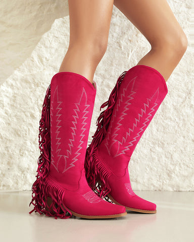 Tassel Suede Mid Heel Chunky Block Western Boots