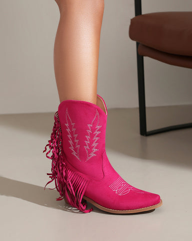 Tassel Suede Chunky Block Heel Western Ankle Boots