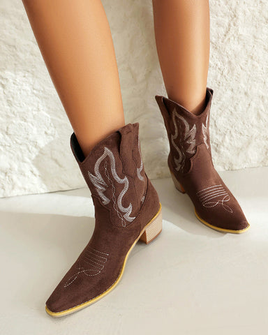 Suede Embroidered Western Rodeo Ankle Boots