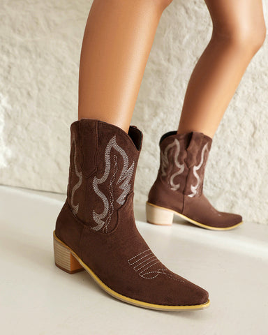 Suede Embroidered Western Rodeo Ankle Boots