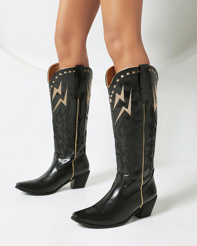 Lightning Embroidered Knee High Block Heel Boots