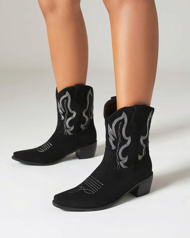 Suede Embroidered Western Rodeo Ankle Boots