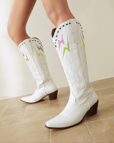 Lightning Embroidered Knee High Block Heel Boots