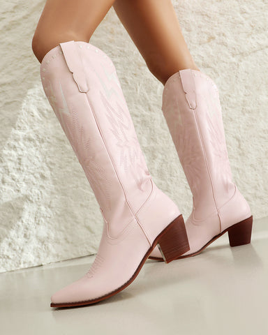 Lightning Embroidered Knee High Block Heel Boots