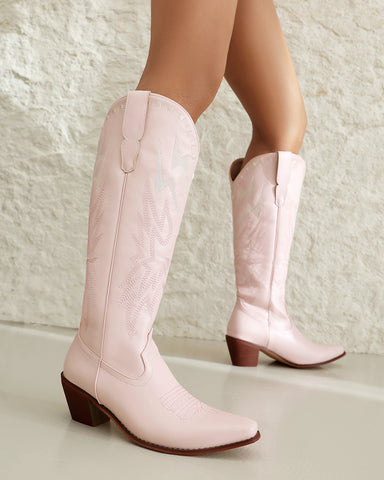 Lightning Embroidered Knee High Block Heel Boots